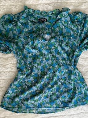 J.Crew Green & Blue Floral Keyhole Blouse